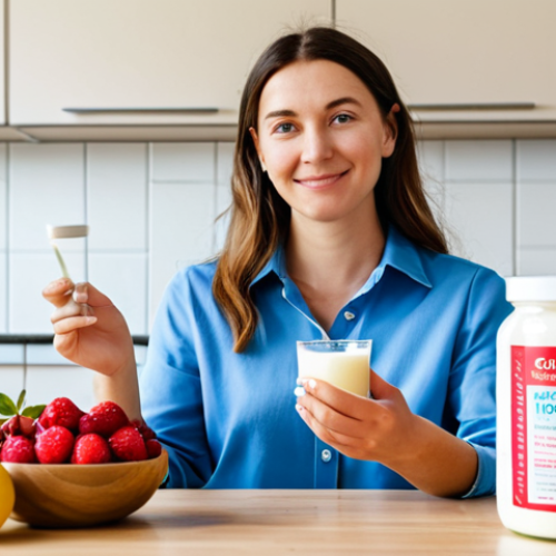 Home 11 Woman Taking Probiotics**
A professional woman in modest clothing, sitting at a kitchen table with a healthy breakfast (yogurt, fruit). She is holding a probiotic supplement. The scene is bright and clean, emphasizing health and wellness. Background includes a modern, family-friendly kitchen. Perfect anatomy, correct proportions, natural pose, well-formed hands, proper finger count, natural body proportions. Safe for work, appropriate content, fully clothed, professional, modest, family-friendly. High quality, professional photography.
**