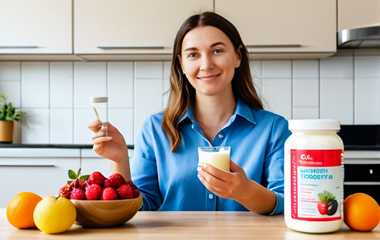Woman Taking Probiotics**
A professional woman in modest clothing, sitting at a kitchen table with a healthy breakfast (yogurt, fruit). She is holding a probiotic supplement. The scene is bright and clean, emphasizing health and wellness. Background includes a modern, family-friendly kitchen. Perfect anatomy, correct proportions, natural pose, well-formed hands, proper finger count, natural body proportions. Safe for work, appropriate content, fully clothed, professional, modest, family-friendly. High quality, professional photography.
**