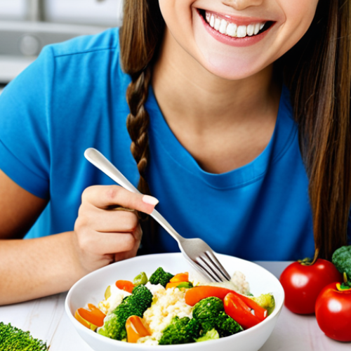 Home 6 **
A person smiling while eating a healthy meal, focus on gut health concept, displaying various colorful vegetables and probiotic-rich foods, fully clothed, appropriate attire, safe for work, perfect anatomy, natural proportions, family-friendly, high quality.
**