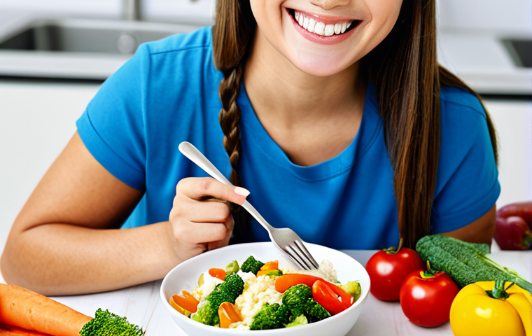 **
A person smiling while eating a healthy meal, focus on gut health concept, displaying various colorful vegetables and probiotic-rich foods, fully clothed, appropriate attire, safe for work, perfect anatomy, natural proportions, family-friendly, high quality.
**
